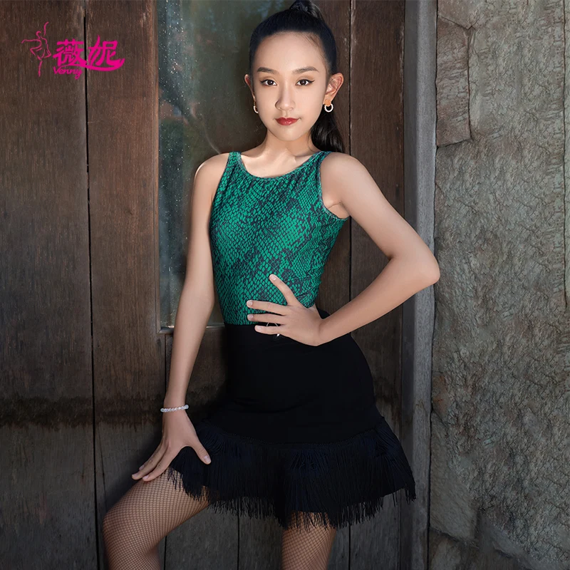 

Платье для латинских танцев Vennystyle, комплект из двух частей без рукавов с чешуей для девочек и бахромой для тренировок по танцам