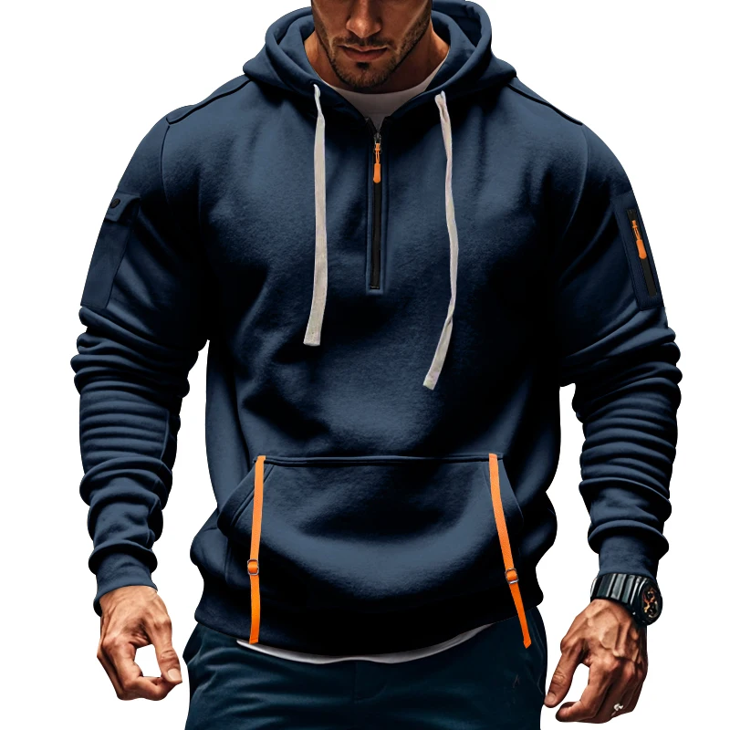 2024 Autumn/Winter Trend Men's Hoodie Casual Sports Windproof Warm Plus Cashmere Solid Color Zipper Pocket Men's Clothing