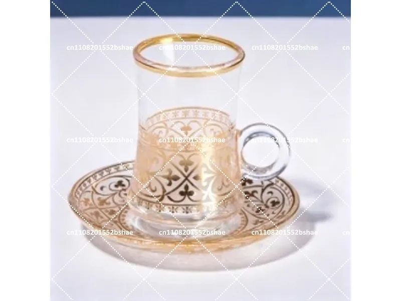 Elegant Turkish 18 Piece Gold Foil Glass Coffee Cup Saucer Spoon Set, Transparent Tea Serving