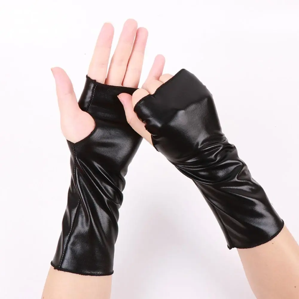 1 Pair Glossy Finish Fingerless Gloves Punk Style Thin Black Leather Gloves Imitation Leather Girl's Sleeve Set