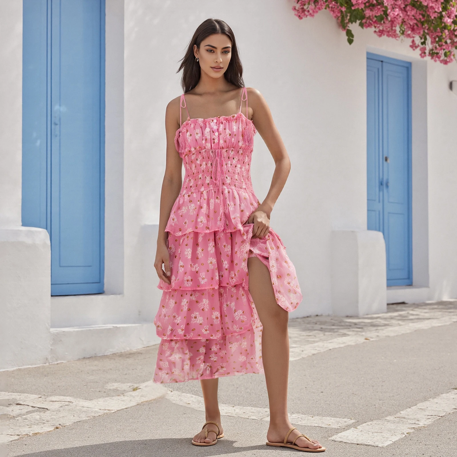 ใหม่แฟชั่นสตรียาวชุดสาย Daisy พิมพ์สปาเก็ตตี้สายคล้องคอฉัตรเค้กชุดขายร้อน S-XL