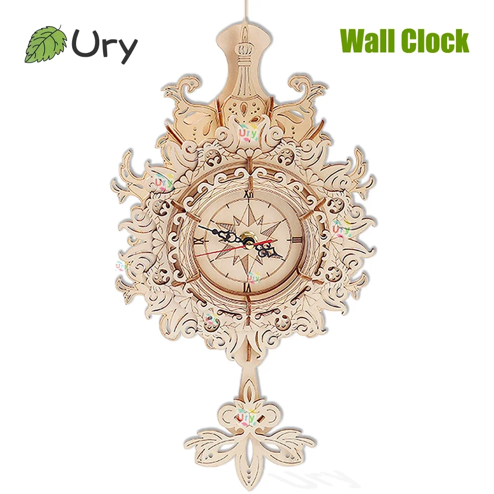 URY 3D Wooden Puzzle Retro Wall Clock Mechanical Model Building Luxurious Style Pendulum Assembly Home Decoration for Kids Gifts