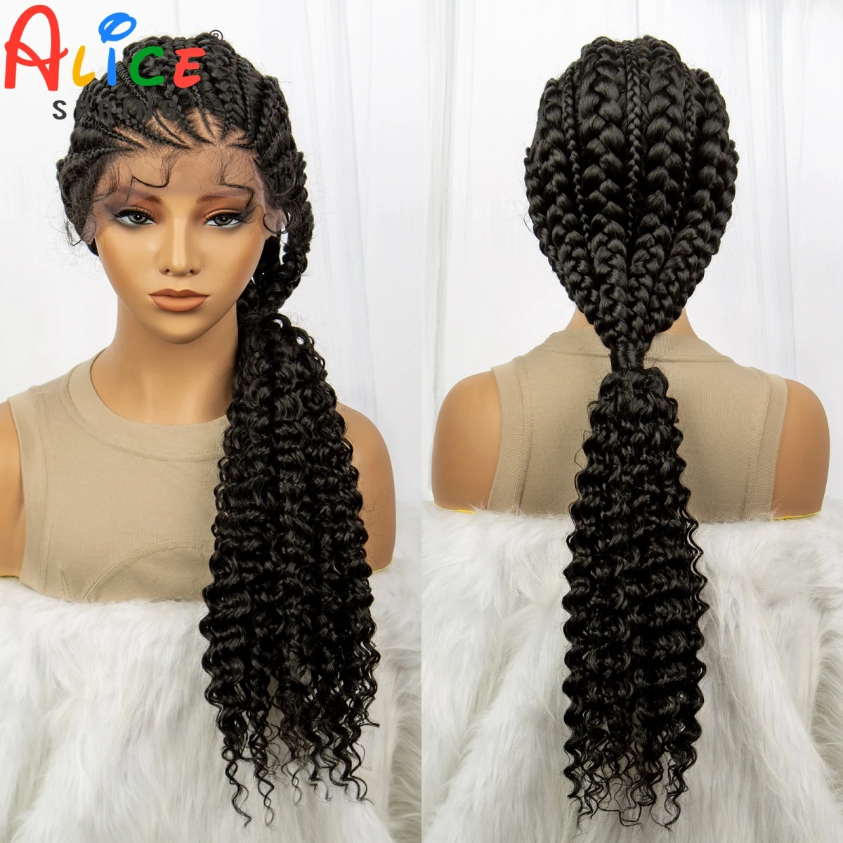 Synthetic Lace Front Braided Wigs Handmade Curly Braided Wigs with Baby Hair for Women Cornrow Box Braids Wig with Curls Ends