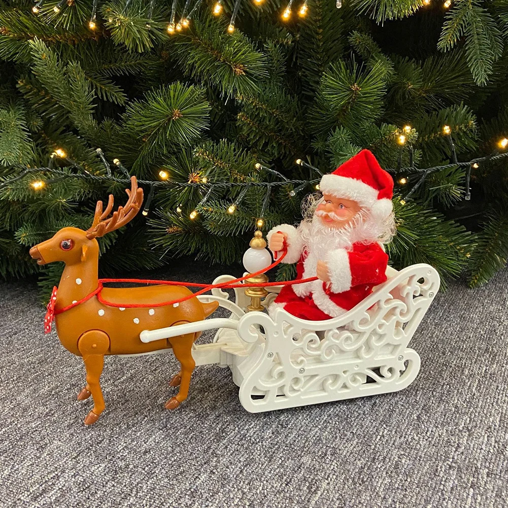 Electric Santa and Reindeer Sleigh Toys Christmas Electric Toy Elk Pull Sled Santa Claus Music Dance Doll Toy Kids Gift