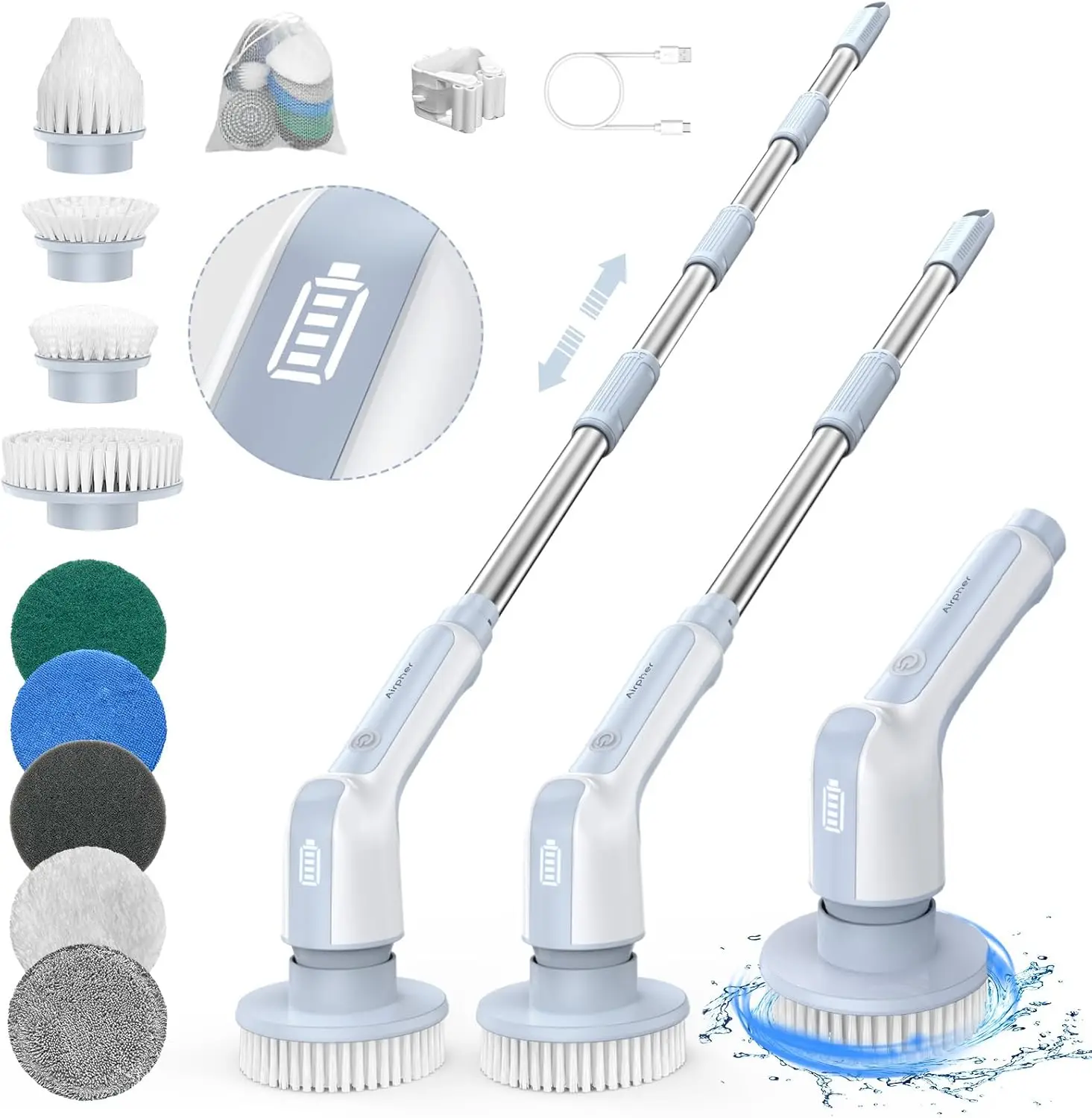 Spin Scrubber, 2024 Upgraded IPX8 Cordless Cleaning Brush with 9 Replaceable Brush Heads, Detachable as Short Handle, S