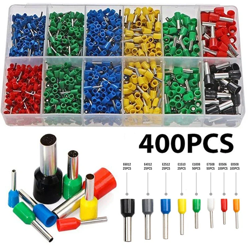 KKJOY 400 Pcs Wire Connectors Kit | Insulated Crimp Terminators | Sizes: E0508, 7508, 1008, 1510, 2512, 4012