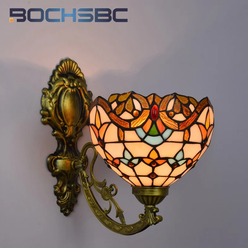 BOCHSBC Tiffany style stained glass mirror front Yellow Baroque bedside aisle hallway single head wall lamp LED decor