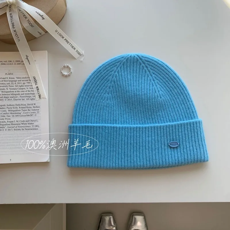 Solid Color pure Wool Cuffed Knitted Beanie Autumn Winter Men Women Fashion Retro Versatile Warm Hat Ins Style Wool Thermal Hats