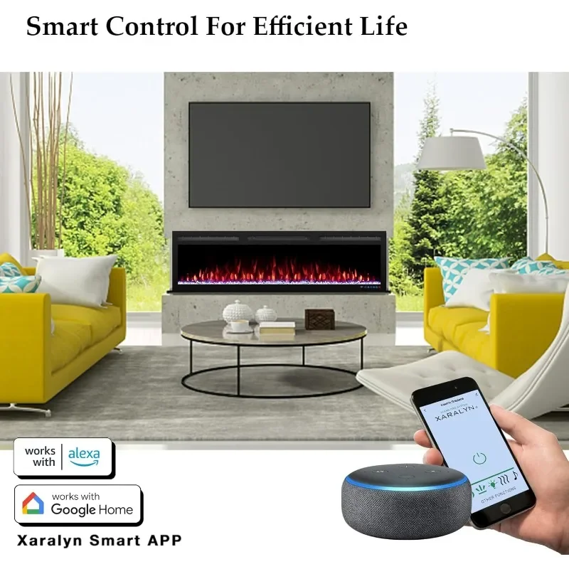 Smart Control via App, Recessed & Wall Mounted Fireplace Heater with Thermostat, Slim Frame, Multi-Color Combinations