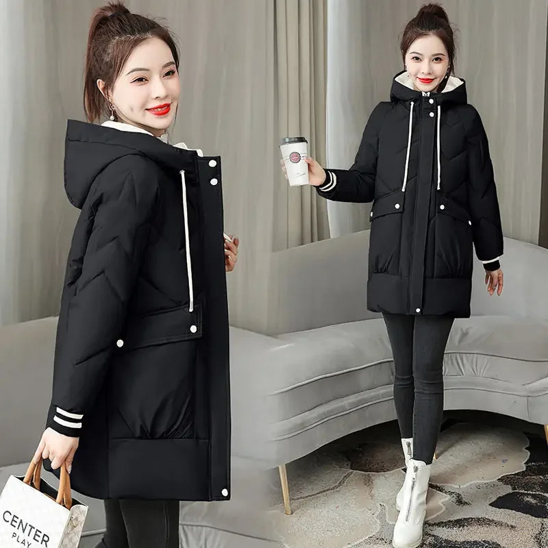 Parka Donna M-3XL Solido Con Cappuccio Elegante Chic Vintage Streetwear Ispessimento Capispalla di base Donna Warm Fit All-match Popolare Ins