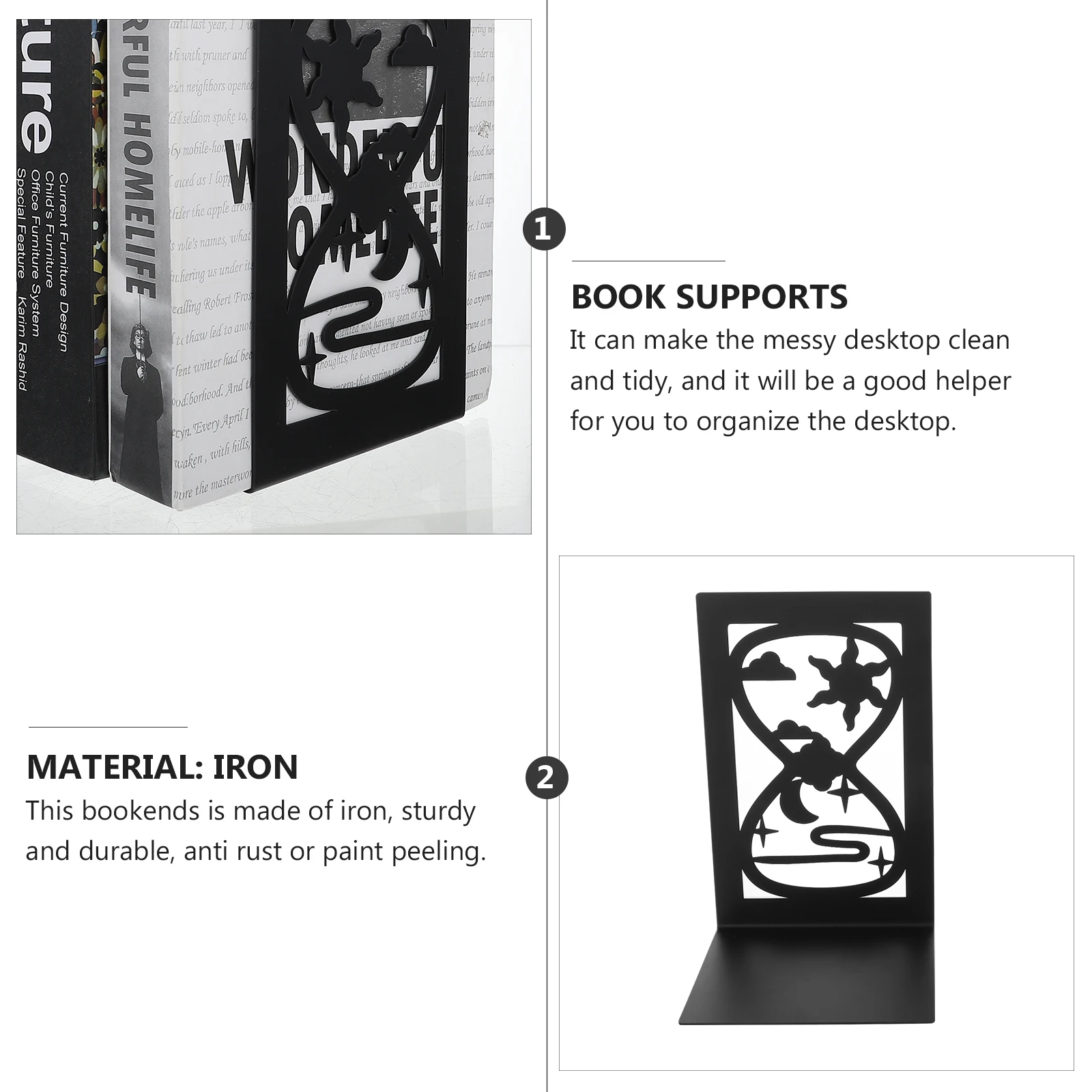 

2 Pcs Iron Book Stand Metal Unique Ends Holder Bookends Chinese Style Organizer Decorative for Shelves Creative Child