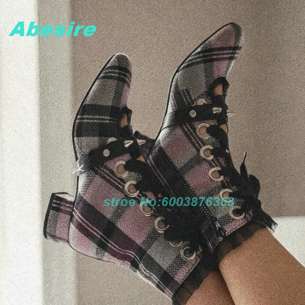 

Pink Grey Plaid Ankle Boots Lace-Up Rivet Decor Buckle Strap Side Zipper Women's Boots Gothic Punk Y2K Daily Wear Fashion Shoes
