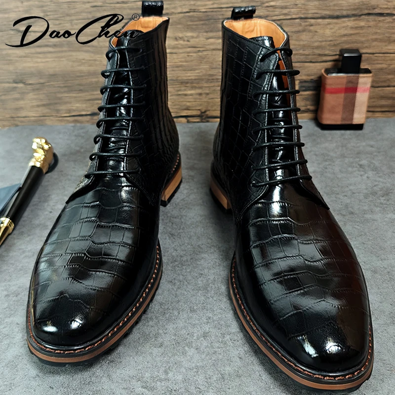 LUXURY MEN BOOTS AUTUMN/ WINTER LACE-UP BLACK GENUINE LEATHER  FORMAL BUSINESS DRESS BOOTS WORK OFFICE FORMAL MAN CLASSIC SHOES