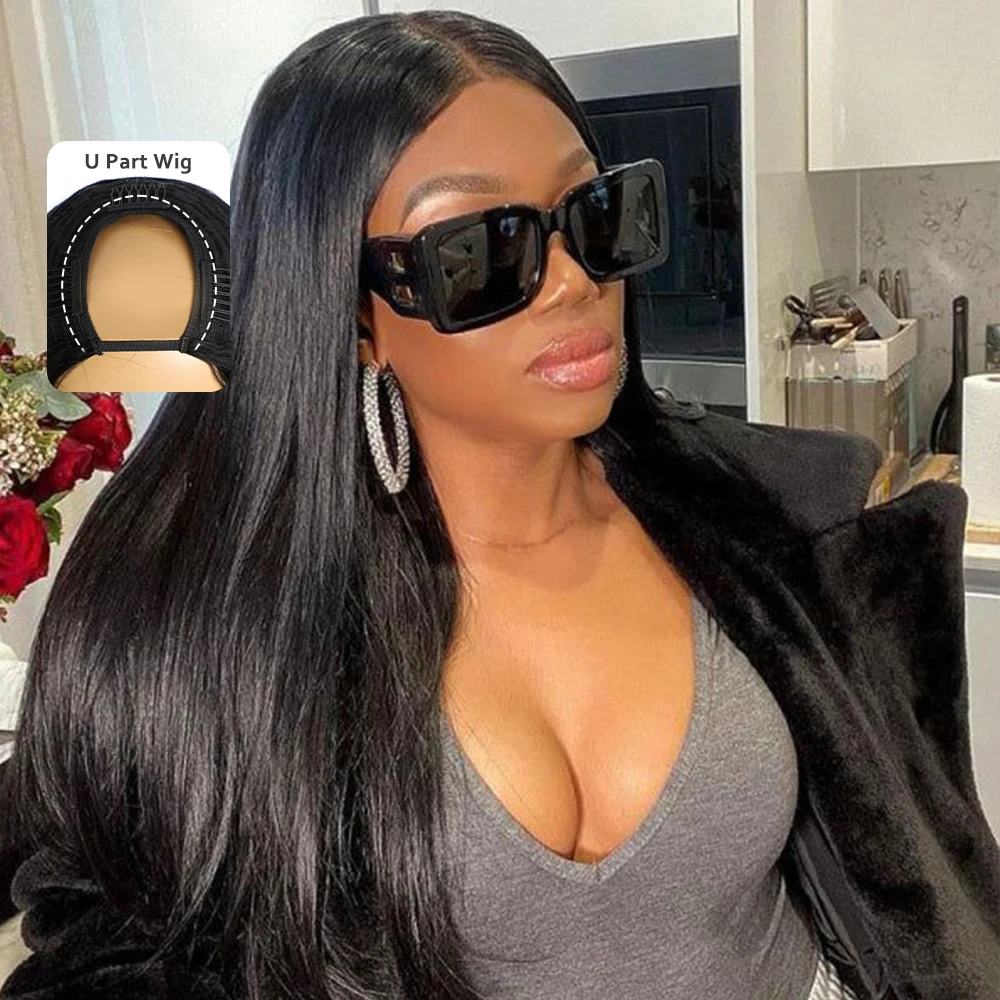 شعر مستعار بجزء U مستقيم للنساء ، آلة كاملة ، شعر بشري ، بدون خياطة ، بدون غراء ، شعر بكر ، مبتدئ ، 18-30 في