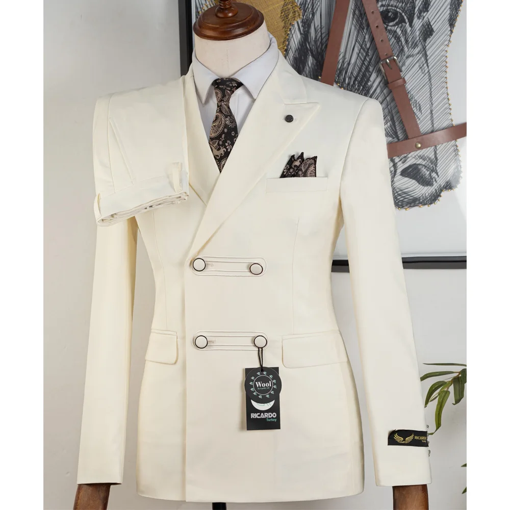 Men's Ivory White Double Breasted Suit Blazer Slim Fit Wool Blend Formal Tuxedo Jacket Luxury Wedding Party Prom Coat