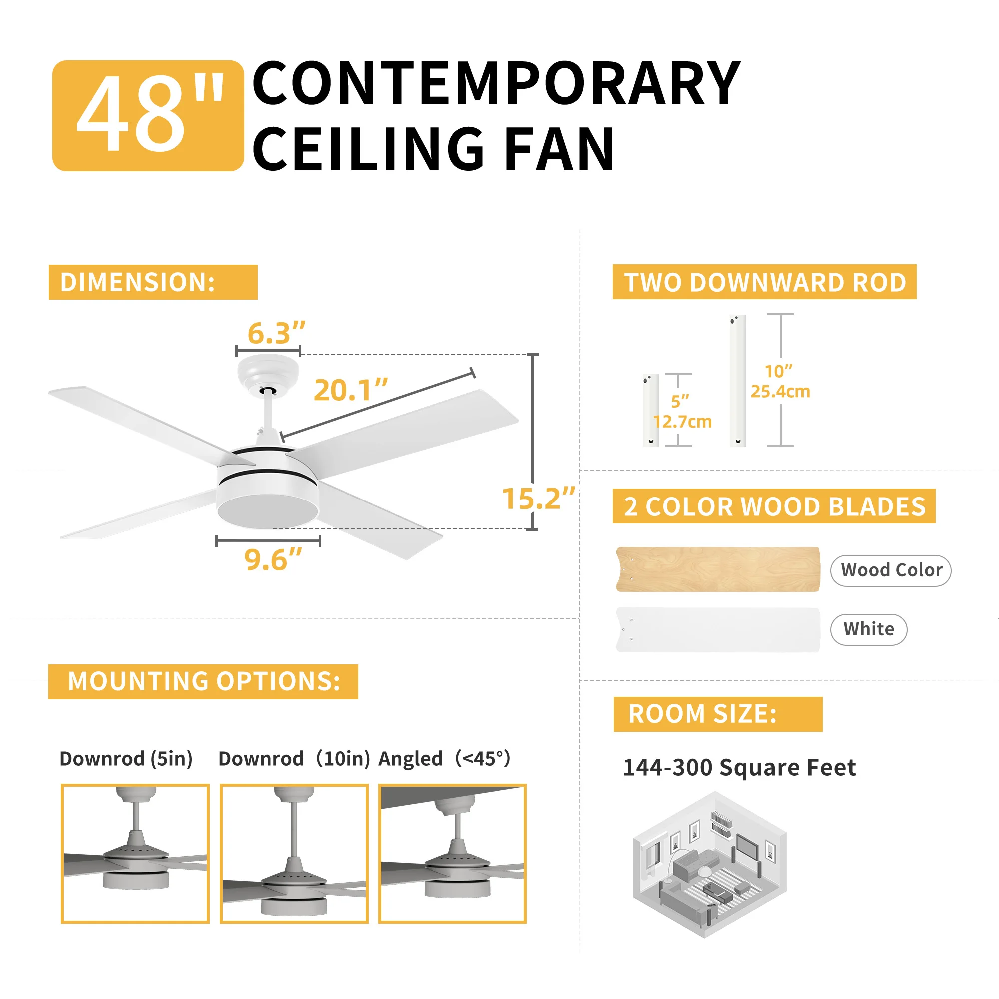 48 Inch Ceiling Fans with LED Light & Remote Control 3-Color Dimmable Quiet Fan