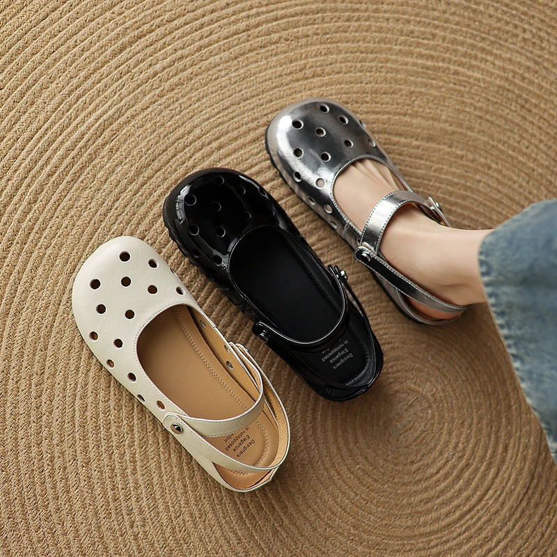 2026 new spring summer women sandals natural leather plus size 22-25cm cowhide+sheepskin+pigskin buckle hollow women shoes