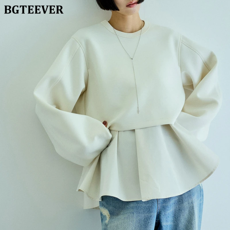 BGTEEVER Stylish O-neck Women Patchwork Fake 2 Pieces Sweatshirts Spring Fashion Long Sleeve Slim Waist Elegant Women Pullovers