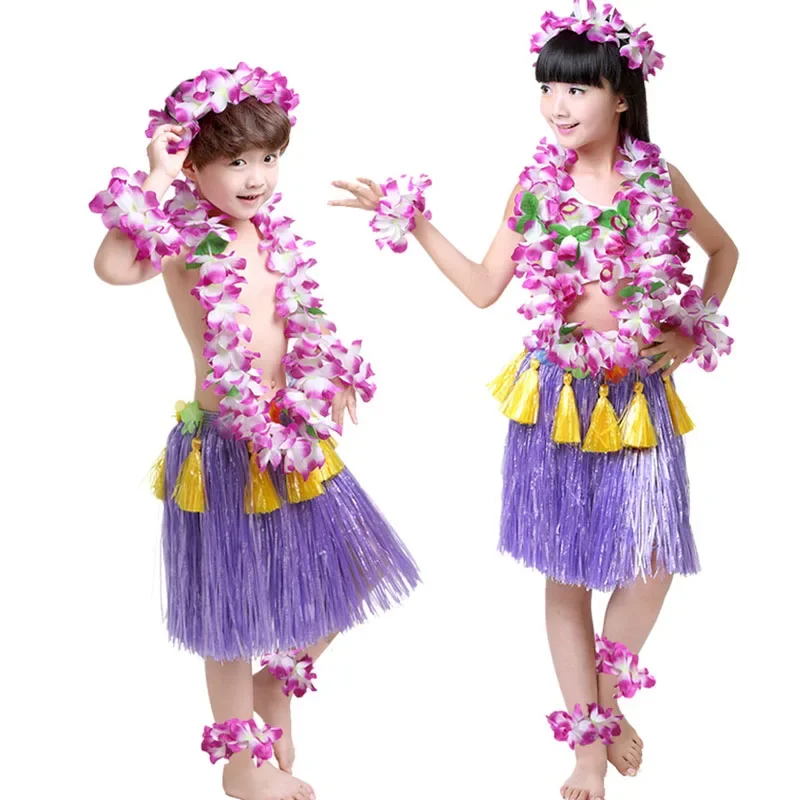 40cm Girls Boy Kids Children Hawaiian Costume Set Bra Grass Hula Skirt Necklace Flower Leis Anklets  Bracelets Headband