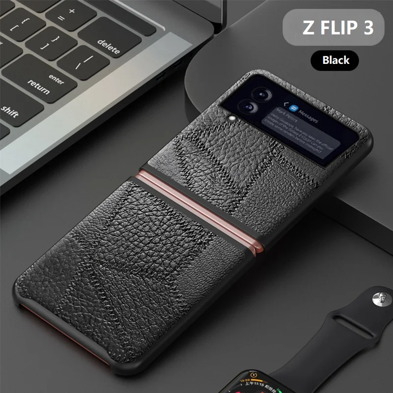 Luxury Genuine Leather Case for Samsung Galaxy Z Flip4 Case Vintage Line Z Flip3 Case Shockproof Shell for Samsung Z Flip 3 Case