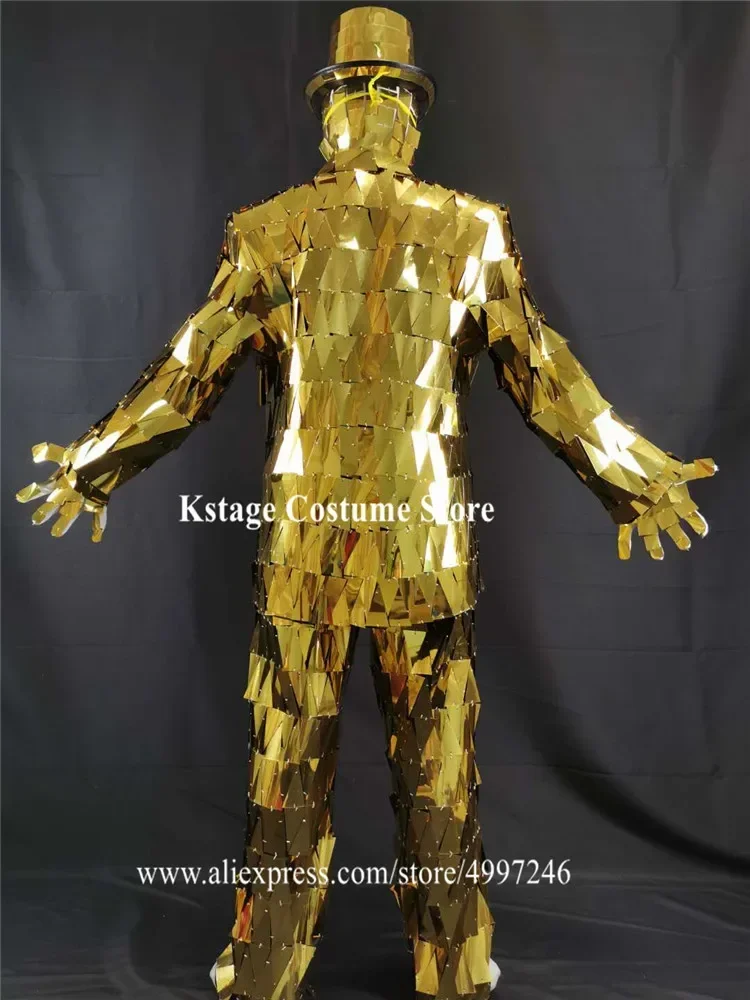 Męskie stroje roboty, złote, lustrzane, garnitury, na występy klubowe, na wybieg, stroje do tańca lustrzanego, kostiumy na dyskotekę, kurtka, lustrzany kapelusz DJ-a, strój.