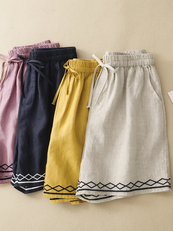 Retro Embroidered Wide Leg Hot Pants Women's Elastic Waist Belted Five-Quarter Loose Casual Shorts Commute A-Line Pants