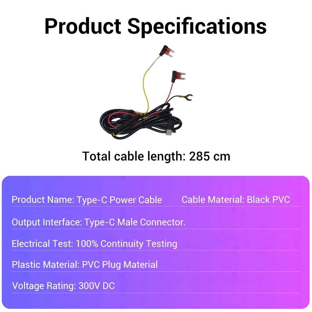 ACC Interface Power Supply Is Suitable for Vehicle DVR Cables 280cm Durable and High-strength ACC Power Supply Cables TYPE-C