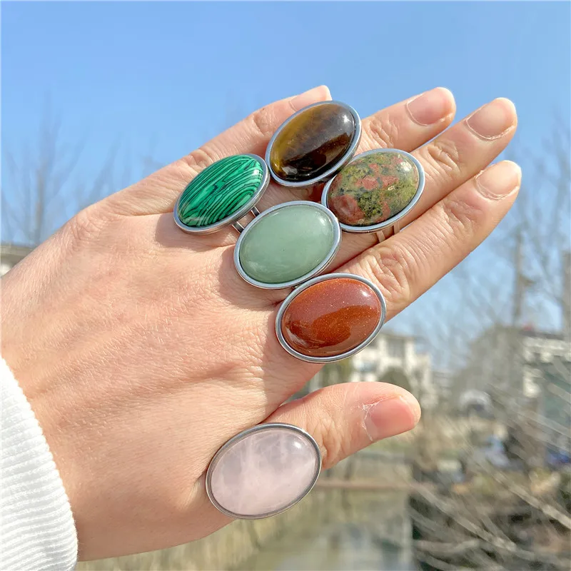 Big Stone Ring Natural Cabochon Tiger Eye Obsidian Quartzs Gem Finger Ring Silver Color Open Rings Classic Vintage Jewelry Gift