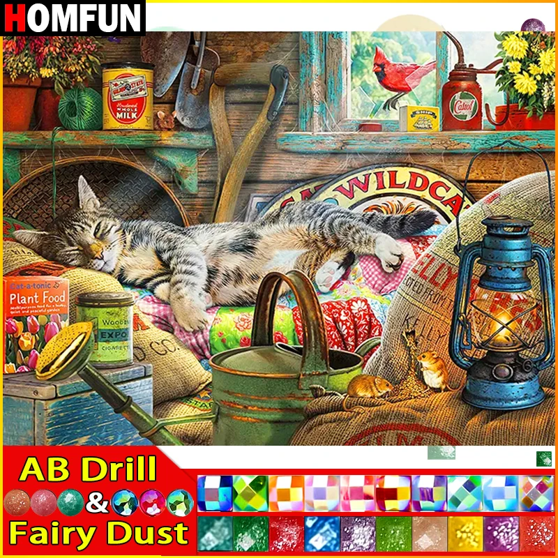 

HOMFUN Fairy Dust AB Diamond Painting Full Square/Round Drill 5D DIY "Animal Cat" Daimond Embroidery Rhinestone Decor