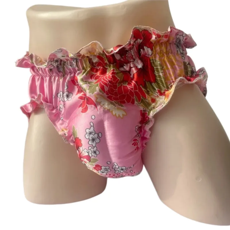 Briefs Silky Touch Ruffled Printed Men Underwear Sexy Glossy Panties Sissy Cross-dressing Cosplay Private Party Lingerie