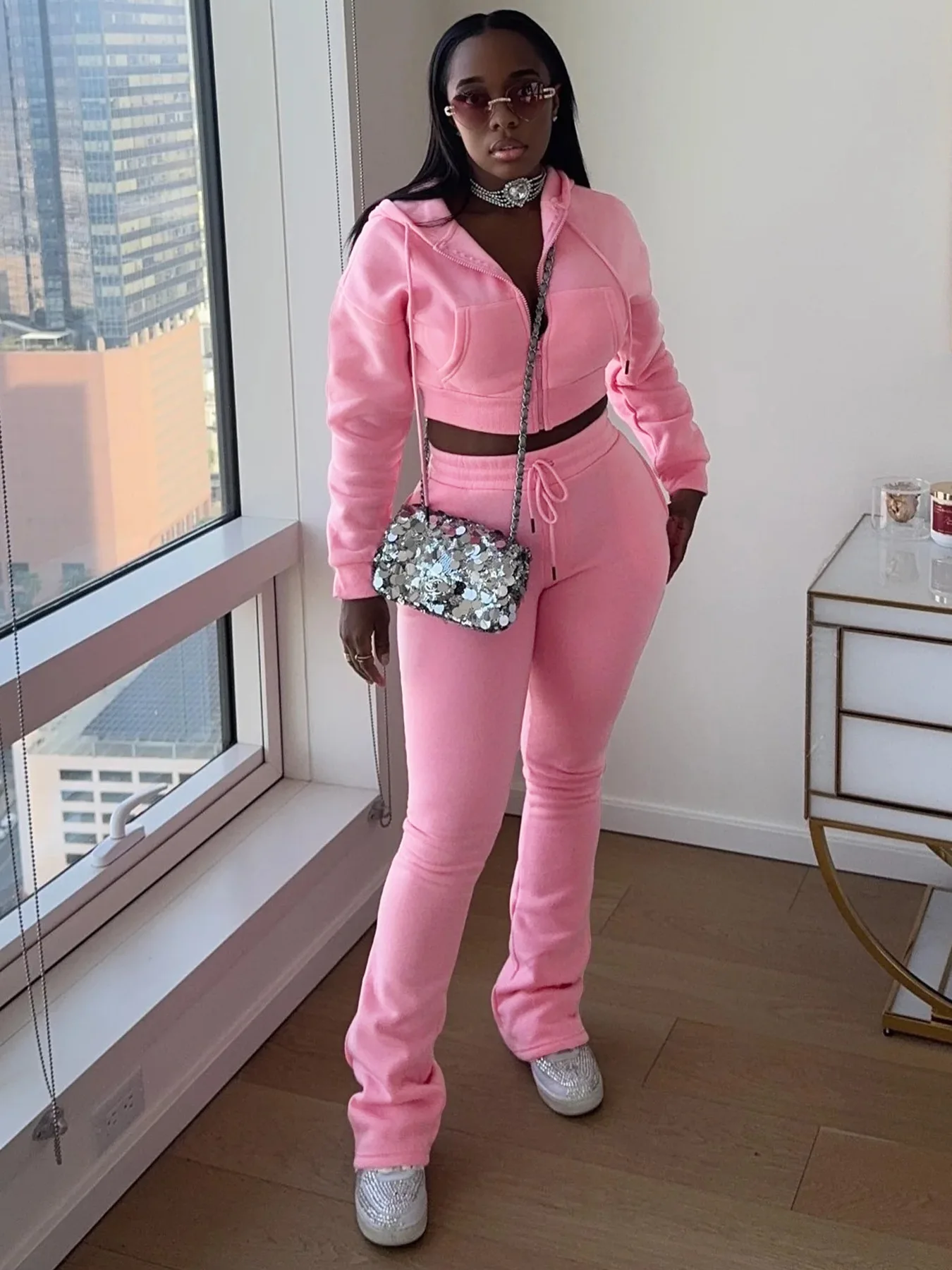 

Женский комплект с капюшоном, осенне-зимний флисовый комплект с капюшоном и расклешенные брюки, повседневный комплект из двух предметов, женский спортивный костюм, комплект для бега