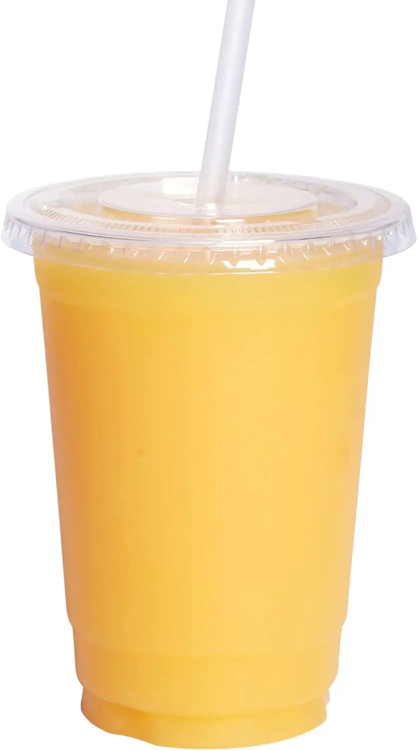 

10 oz Clear Plastic Cups with Flat Lids, 100 Pack - Disposable PET Cold Cups for Iced Coffee, Smoothies, Juice, To-Go Drinks