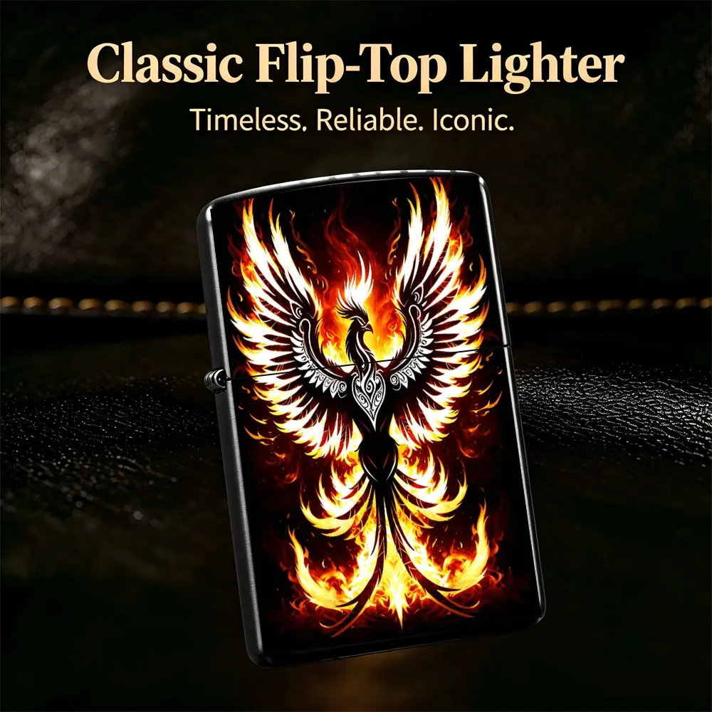 Pocket Lighter, Flip-Top Windproof Design, Black & White Flame Bird Print, Metal Case, Ergonomic Grip, Adjustable Flame, Portable & Durable - Ideal for Daily Use