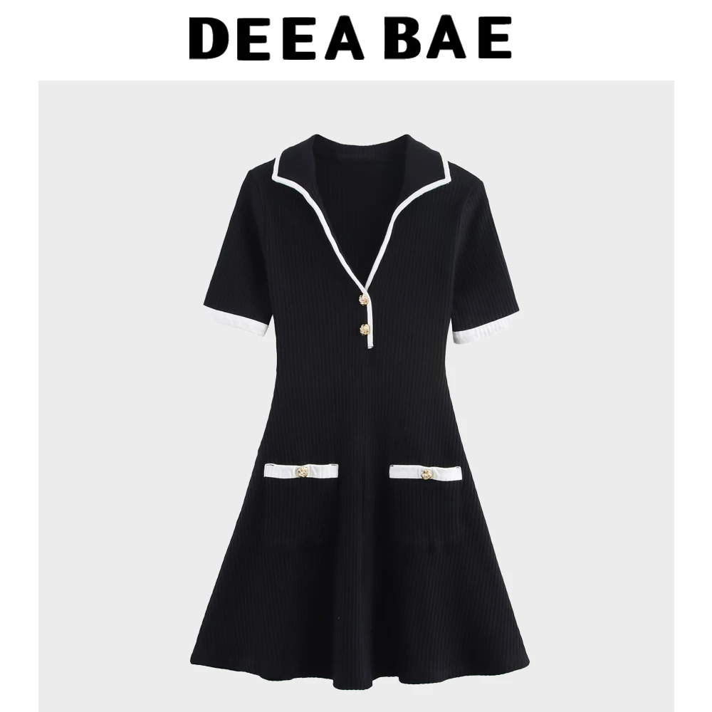 DEEABAE Autumn women's fashion temperament metal button ribbed contrasting color trim V-neck cinched waist dress