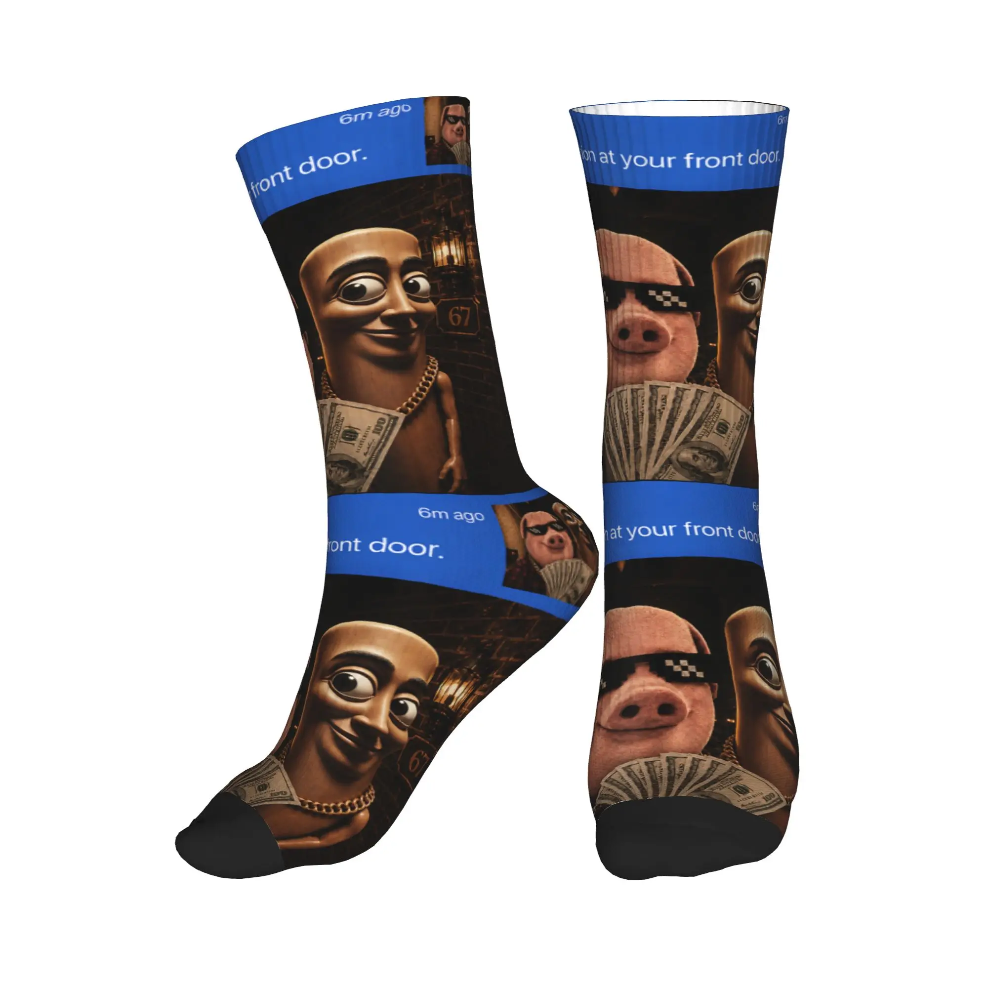 John Pork and Tung Tung Tung Sahur Front Door Motion Socks Autumn  Stockings Retro Men Soft Socks Graphic Running Anti Socks