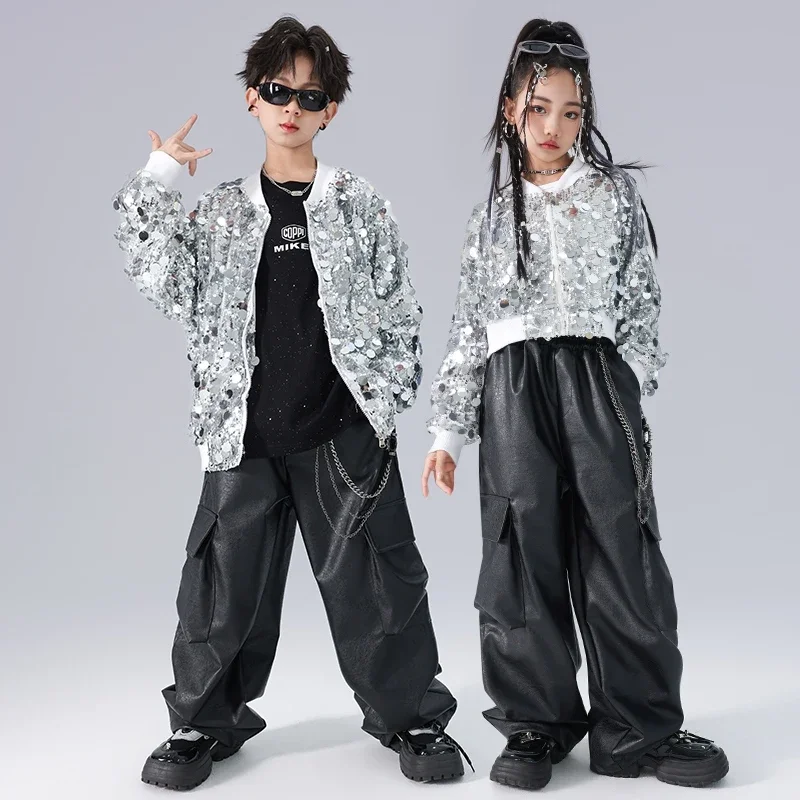 

2024 New Group Kpop Outfit Sequins Coat Pants Girls Jazz Dance Costume Kids Hip Hop Clothing Children'S Street Wear