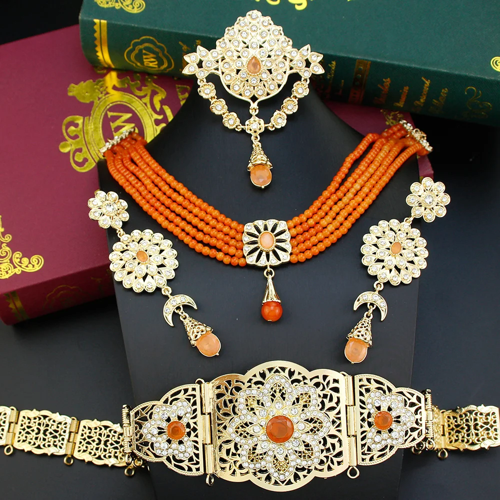 Sunspicems Morocco Bride Jewelry Sets For Women Gold Color Waist Chain Belt Orange Crystal Choker Necklace Drop Earring Brooch