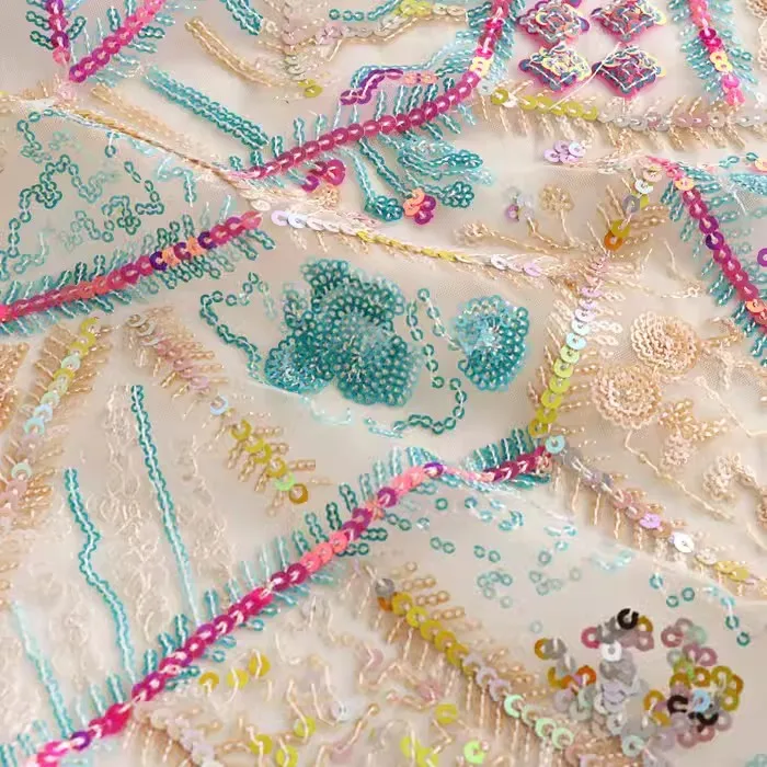 Color beaded geometric embroidery mesh fabric dress clothing cheongsam fabric soft yarn sequin embroidery cloth