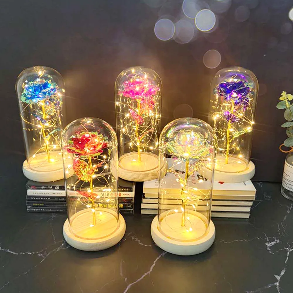 LED Gold Foil Rose Valentine's Day Eternal Flower Glass Cover LuminousLights Creative Christmas Gift Decoration Birthday Decor