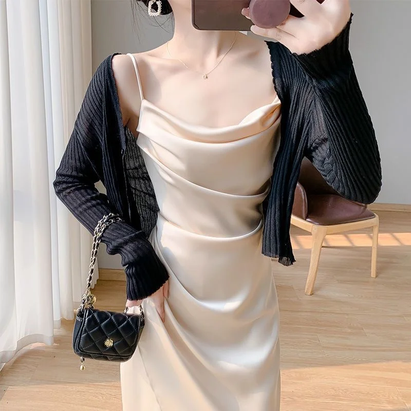 

2024 Spring And Summer New Fashion Style Satin Halter Dress Waist Slit Wrap Hip Skirt Sun Cardigan Skirt Women's Two-piece Set