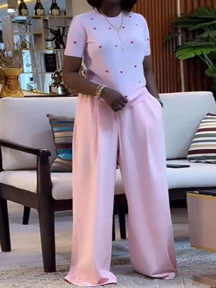 Wmstar 2 ชิ้นชุดชุดสตรีขายส่งฤดูร้อนใหม่หวานแฟชั่นรอบคอรูปหัวใจแขนสั้นขากว้างกางเกงยาว