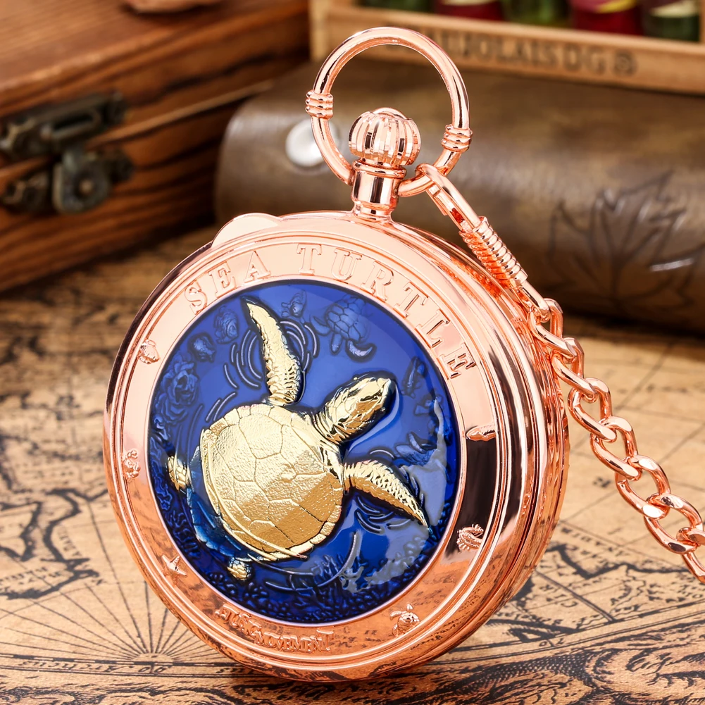 New Musical Pocket Watch Men\'s Fob Chain Pendant Clock Unique Sea Turtle Pattern Music Movement Timepiece Gifts for Husband Boy