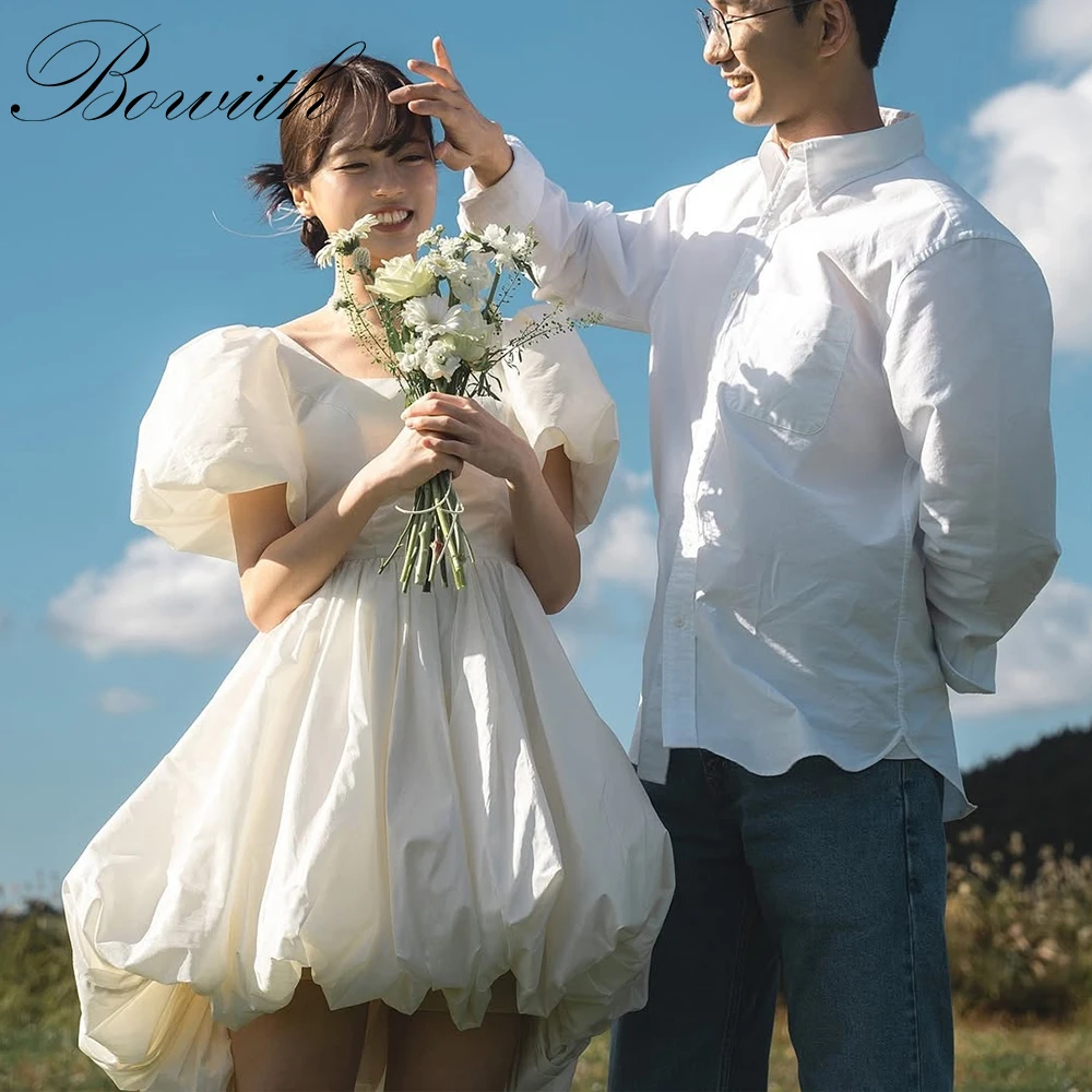 

Bowith Korean Short Wedding Dresses Puff Sleeves Mini Wedding Party Gown Customized A-Line Draped Evening Dresses Lace-up