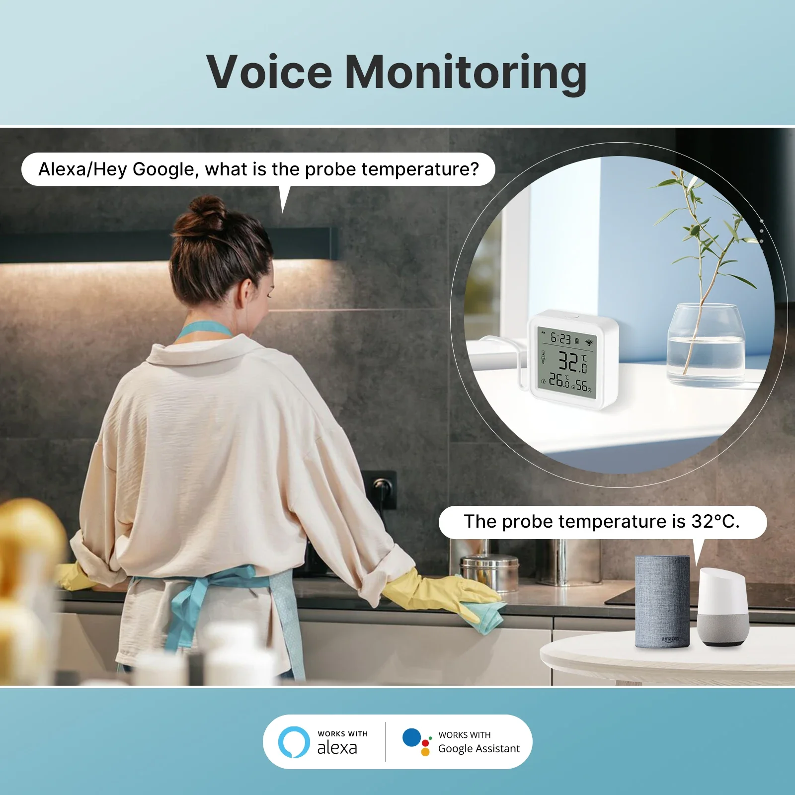MOES Tuya WiFi Smart Temperature Humidity Sensor 1M External Sensor Cable Probe App Remote Monitor Work With Alexa Google Home