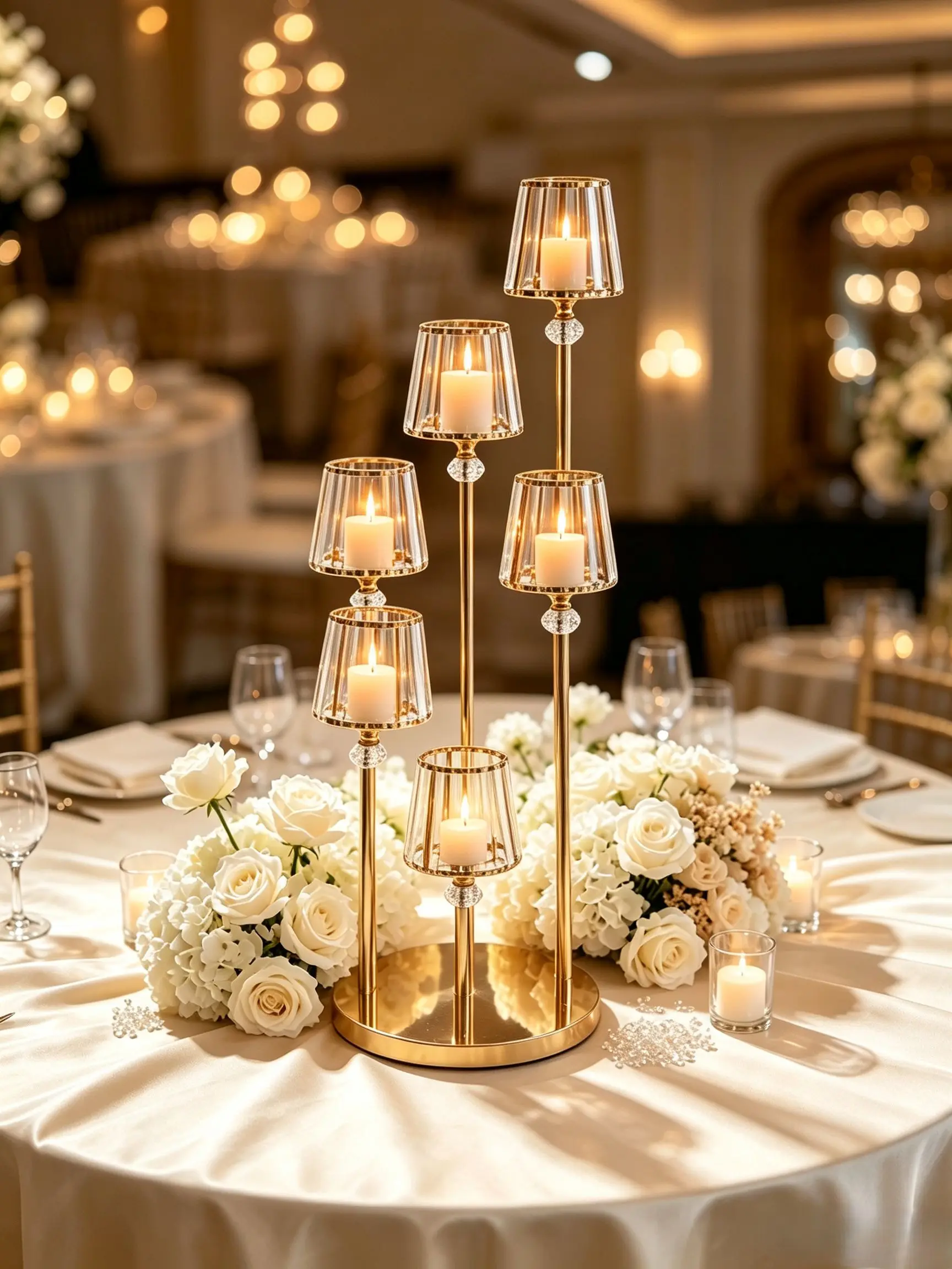 4pcs Tall Tiered Gold Candle Stand Round Base Crystal Pendant Glass Shade Wedding Reception Tabletop Decoration Event Ornament