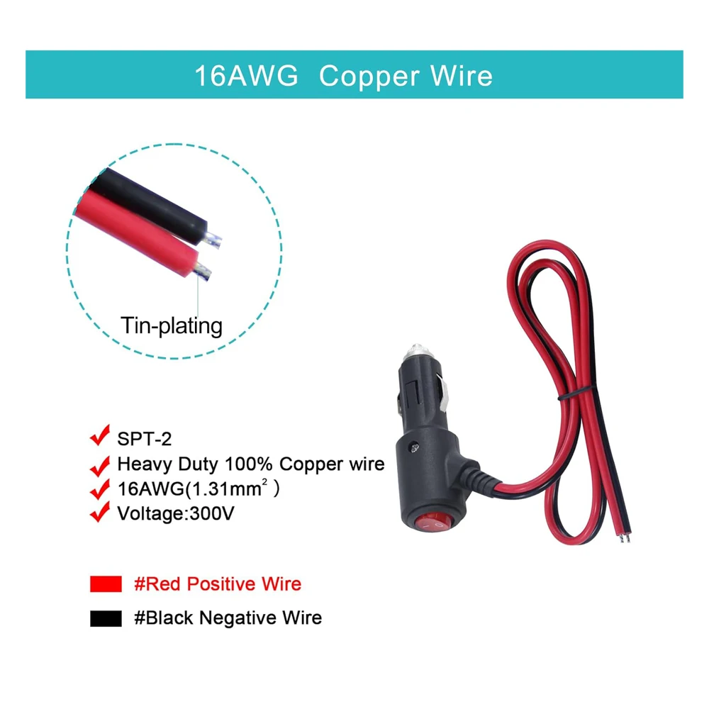 قابس ولاعة سجائر السيارة 12 فولت/24 فولت تيار مستمر مع سلك نحاسي مع سلك محول طاقة عالي التحمل 18AWG، 50 سم / 19.69 بوصة #3