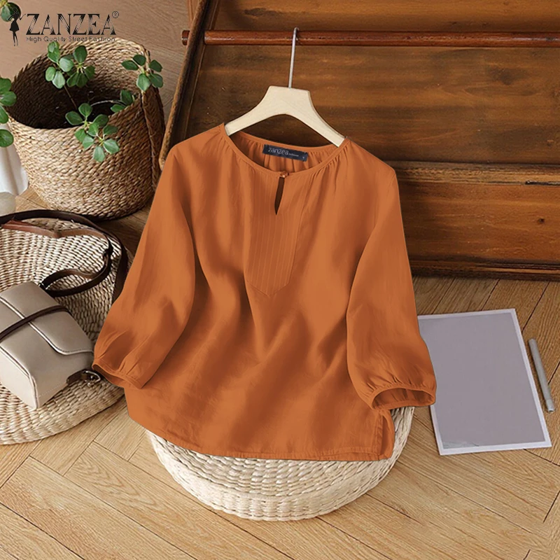 

ZANZEA Casual Style Women Blouses Summer Stitch Detailed O-Neck 3/4 Puff Sleeve Solid Color Tops Everyday Wear Woman Clothes 3XL