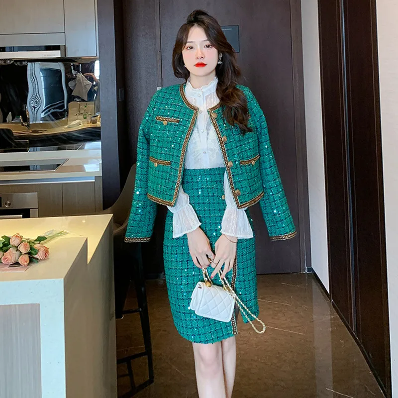 Women Elegant Tweed Plaid Suit Jacke Coat Top And Wrap Skirt Two Piece Set Green Outfit Winter Jacquard Formal Party Work Cloth