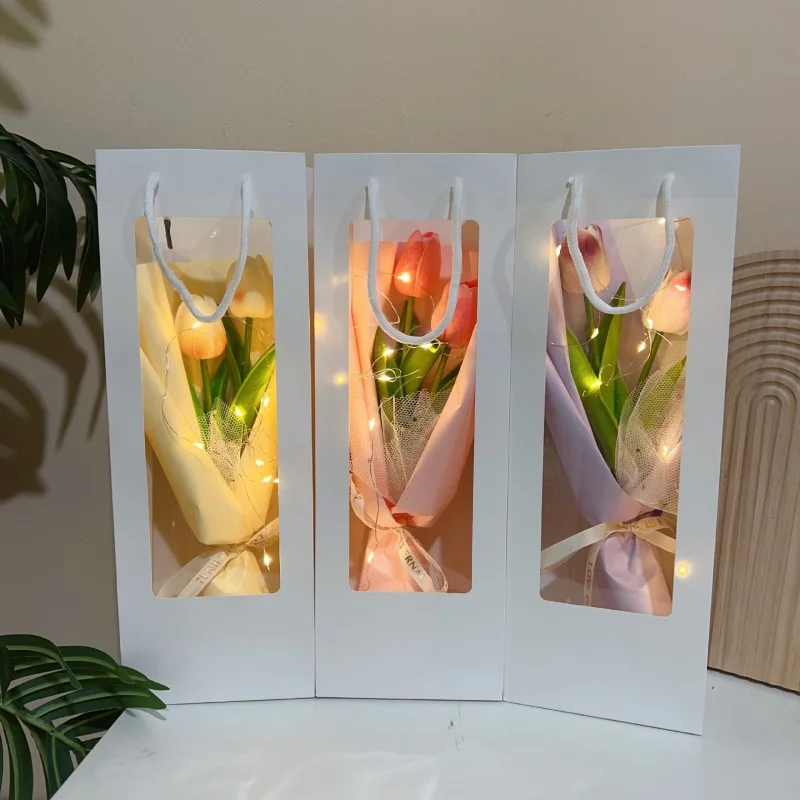 Creative Hand-held Tulip Bouquet Flowers Crochet Flowers Puff With Light Strings Handmade Teacher's Day Valentine's Day Gift