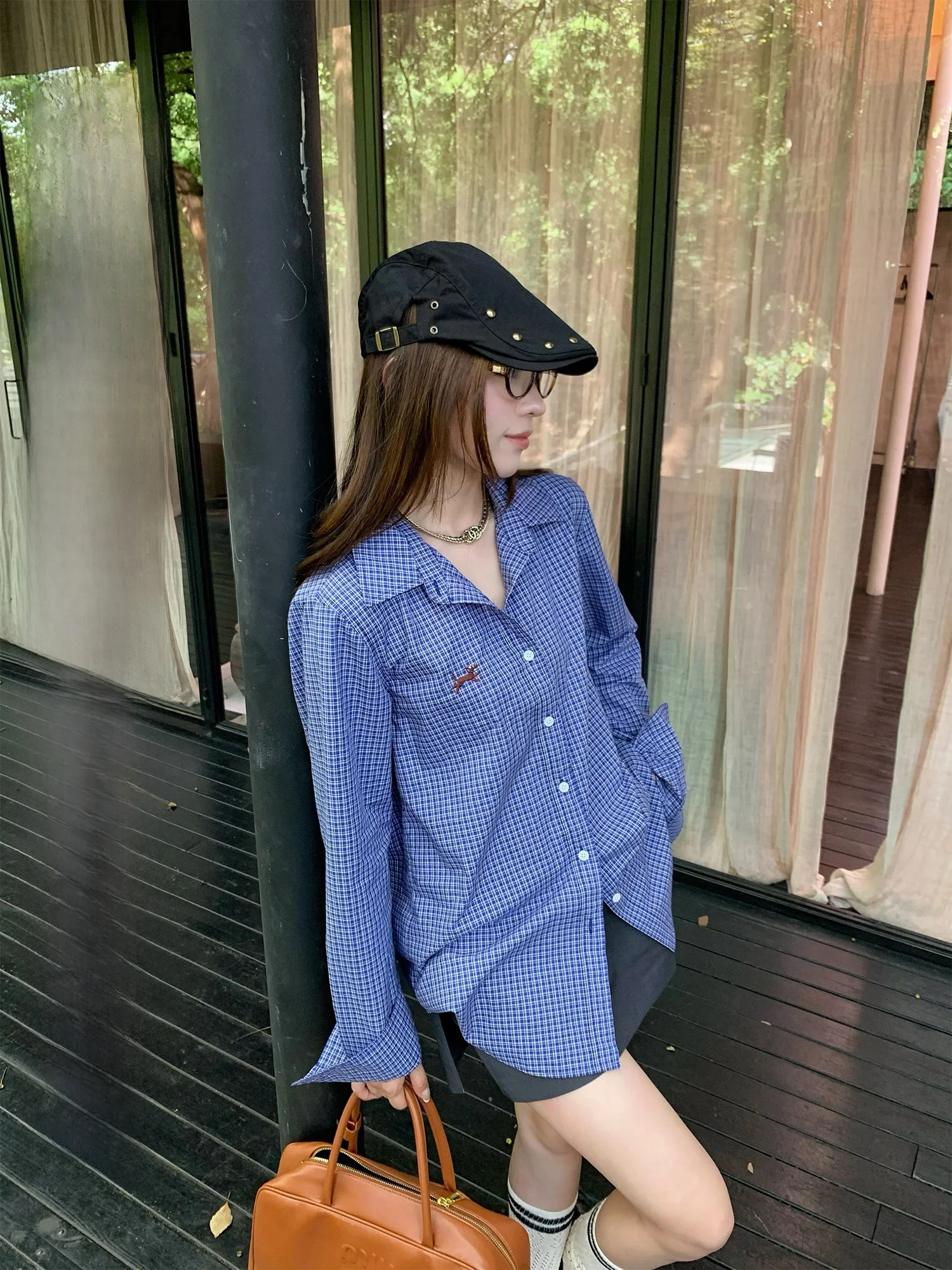 

Женская хлопковая блузка Hhi с вышивкой в клетку, длинным рукавом, весна-осень 2026, новая корейская модель, многослойная, приталенная, синяя